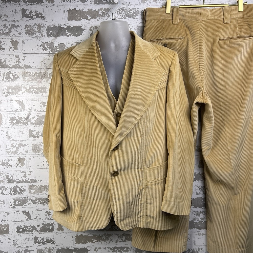 Vtg 70's Tan Corduroy 3 Pc Suit 40R 34x29 Wide Leg Western Yoke